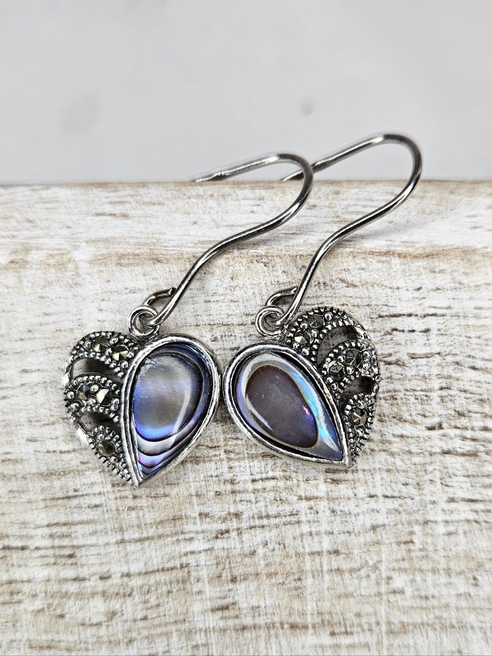 Vintage Style Abalone & Marcasite Sterling Silver Earrings Blue Purple Dainty